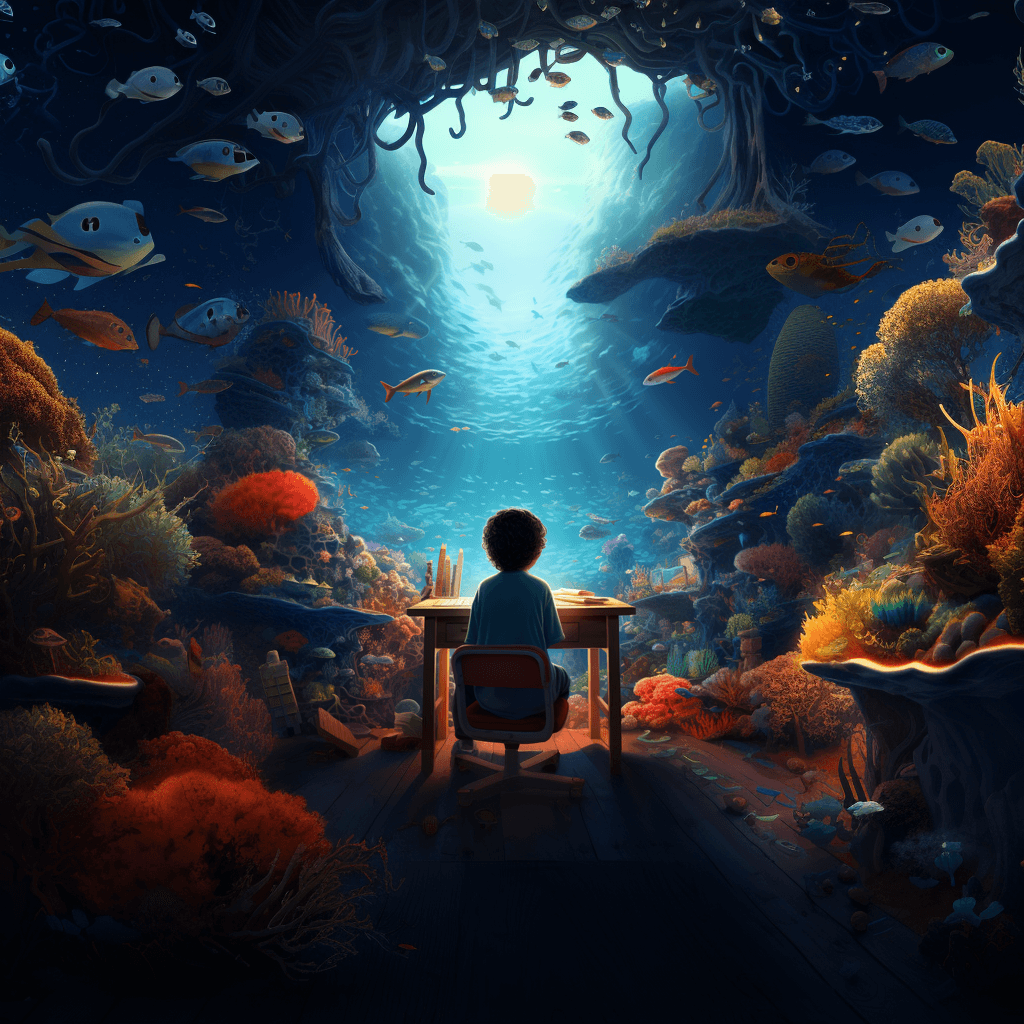 Creative image with a child at a school desk in what appears to be the bottom of a beautiful ocean scene