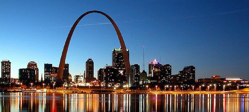 Night time shot of the city of St Louis downtown