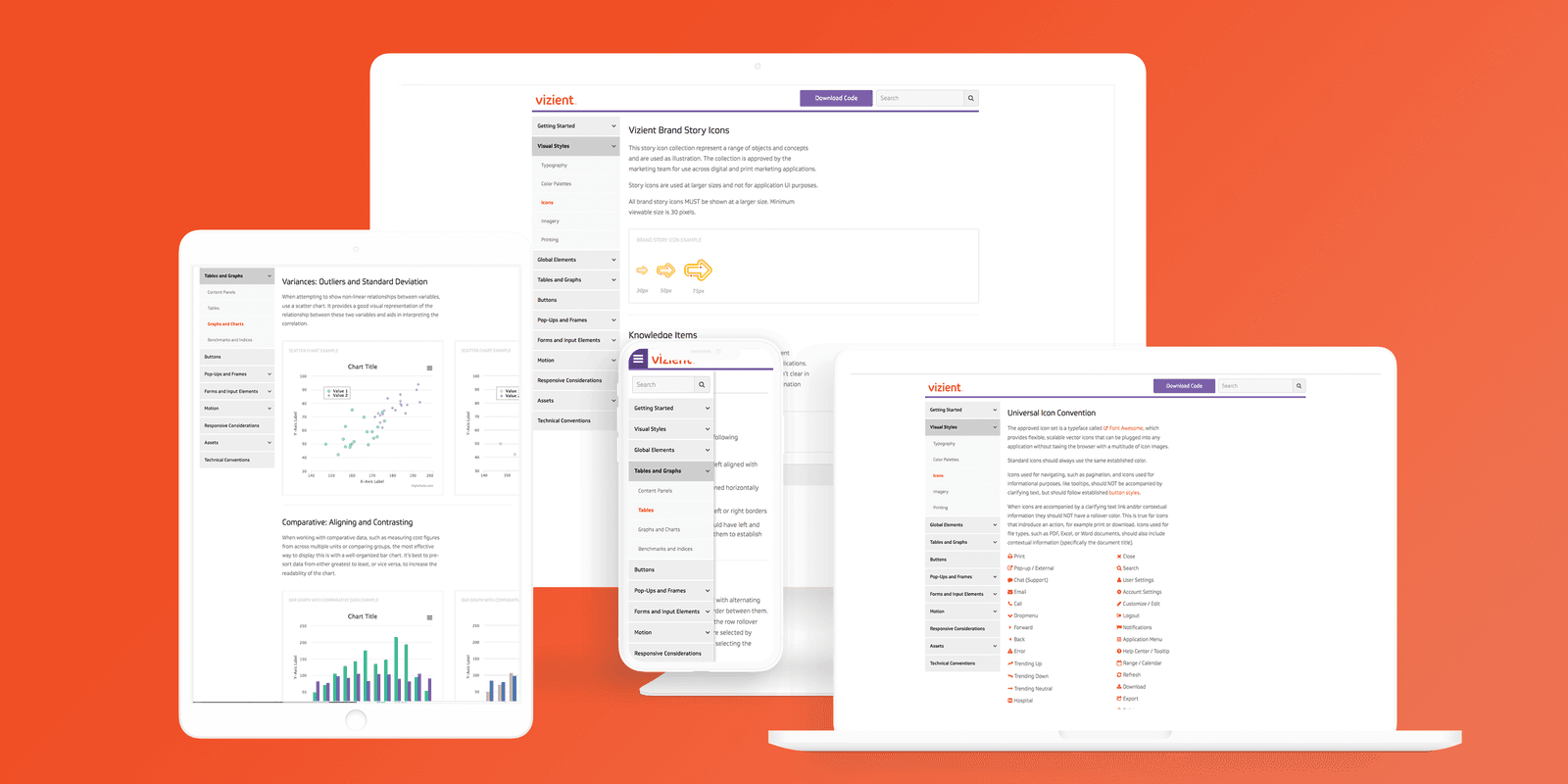 Vizient analytics screens on a laptop, tablet and phone