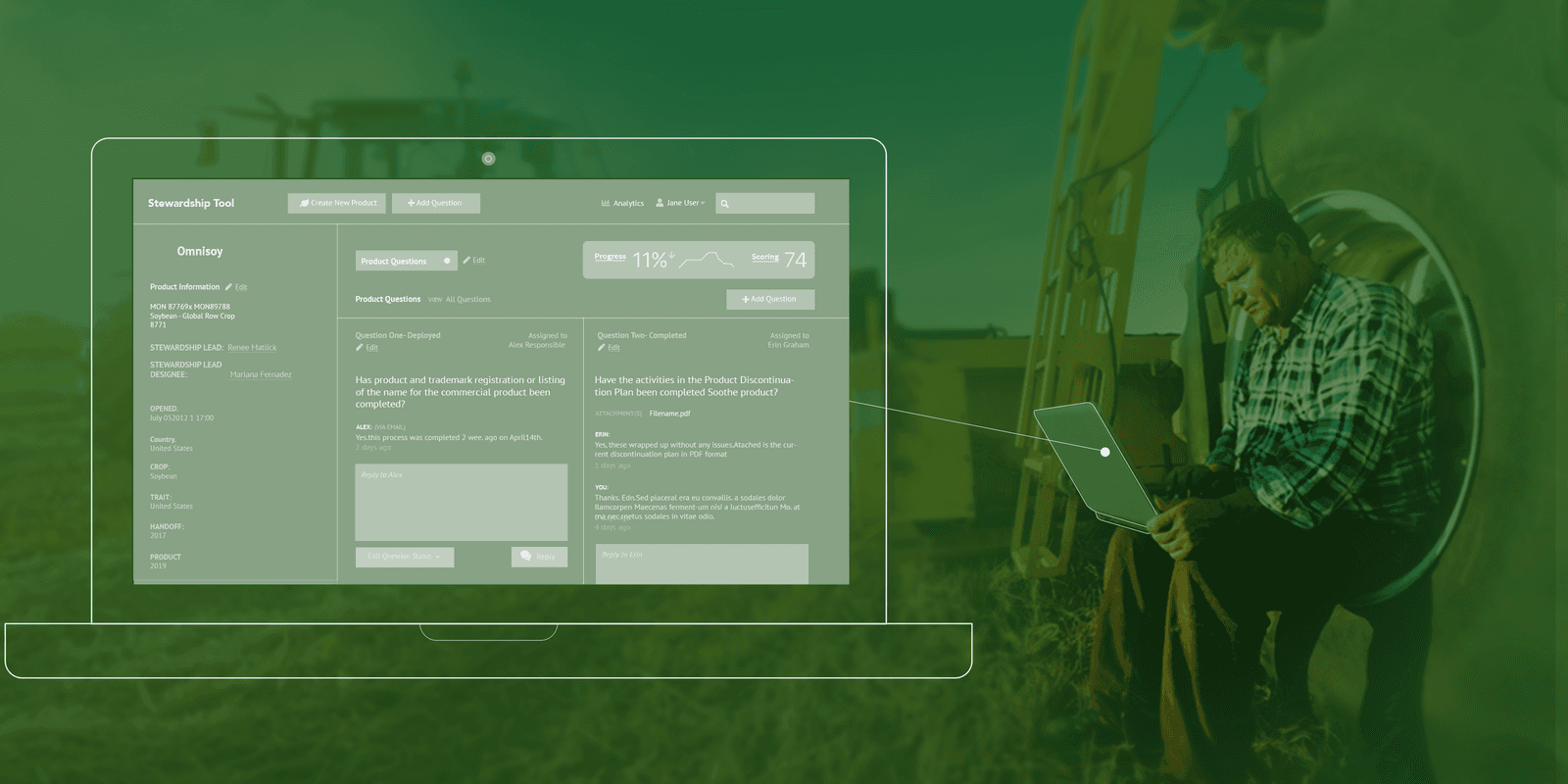 Traceability tool screen over a photo of a farmer with a tablet