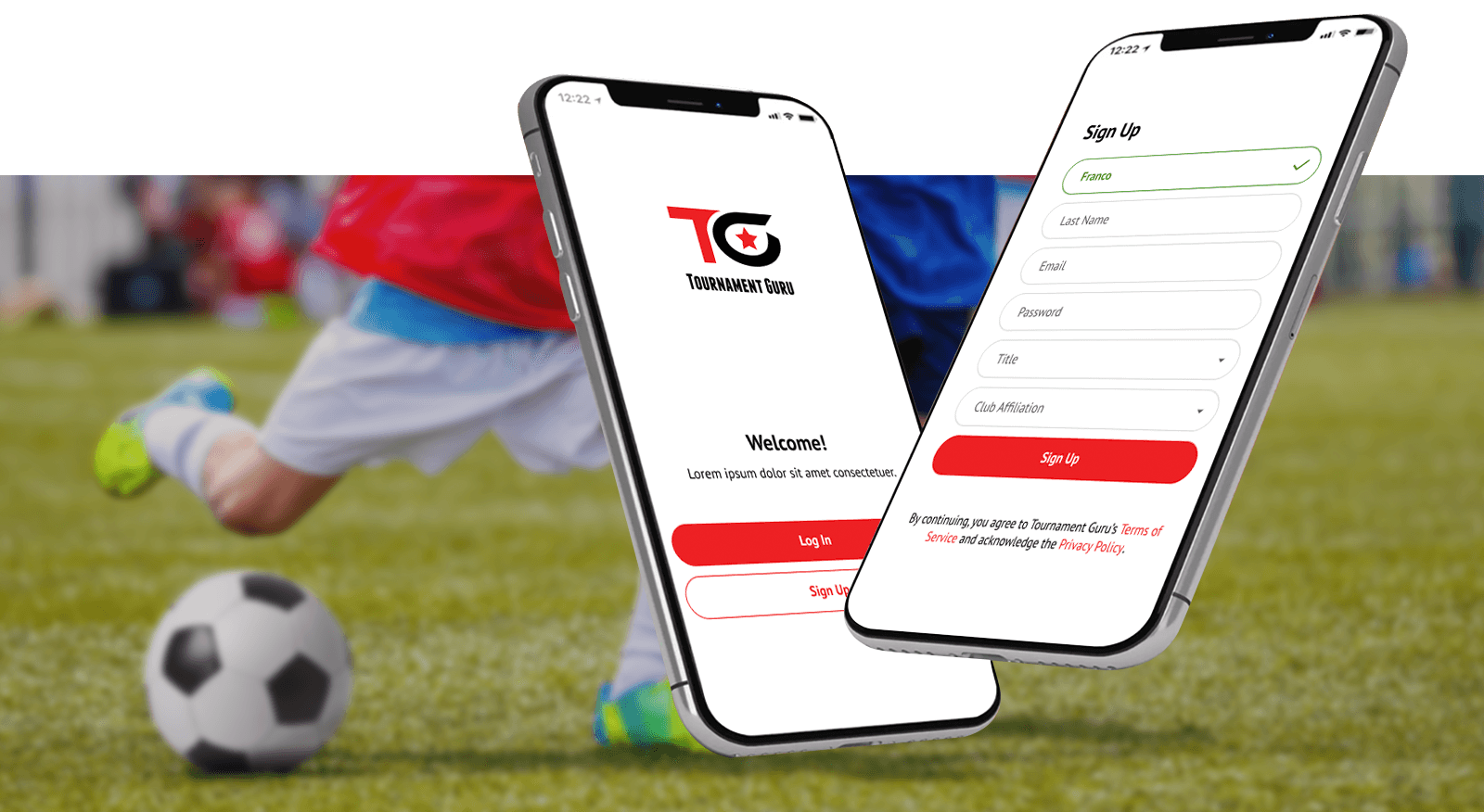 Tournament Guru app welcome and sign-up screens on two phones