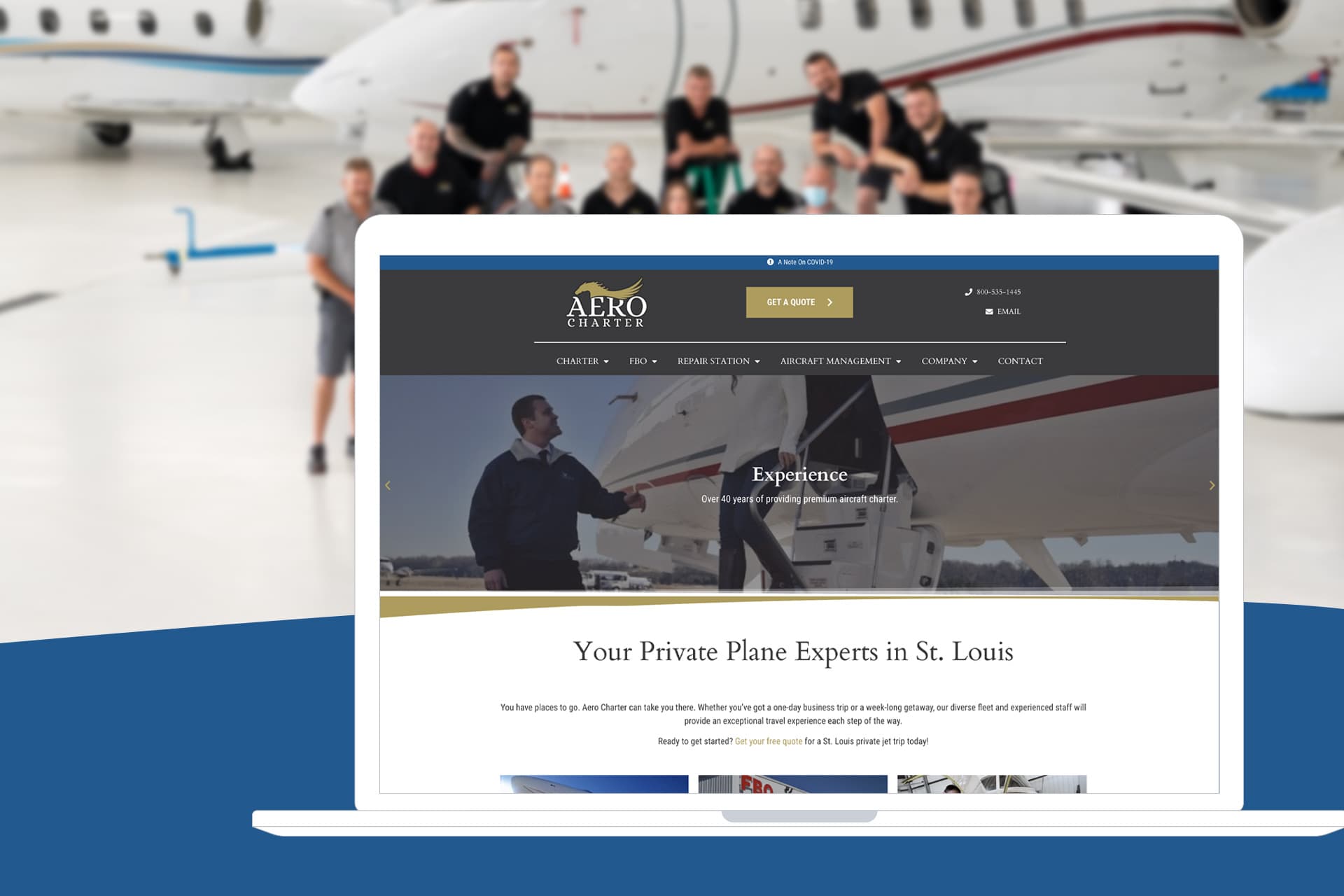 Aero Charter website, “Your private plane experts in St. Louis,” on a laptop in front of a jet and its crew