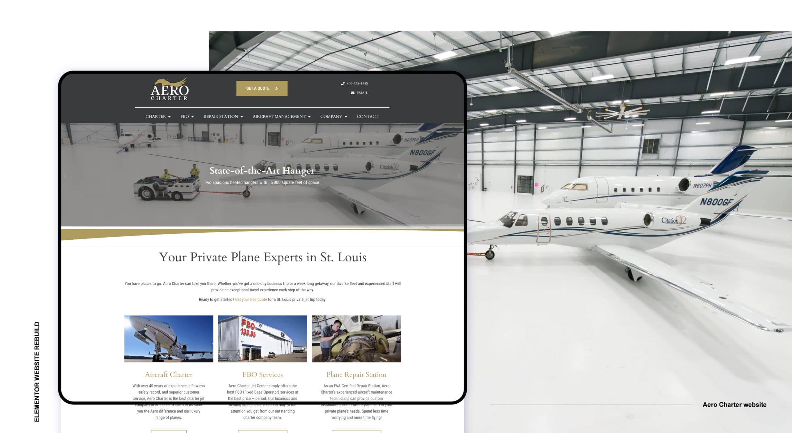 Aero Charter website on a tablet in front of a jet in a hangar