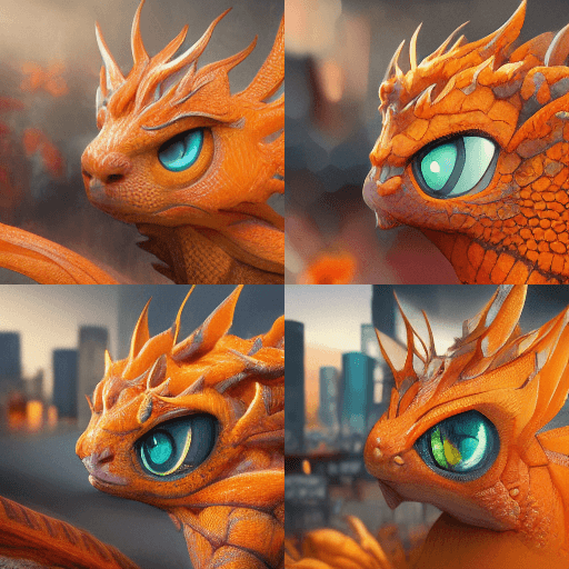 AI produced image: handsome orange anime dragon in urban setting dnd character, background focus, fantasy, magic, realistic textured skin, clear clean, digital 2D, matte painting