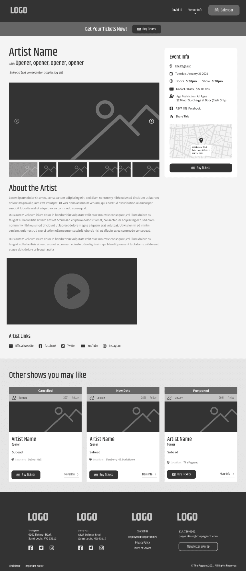 Template example from atomic design. This page shows a template for an event page on an event venue site.