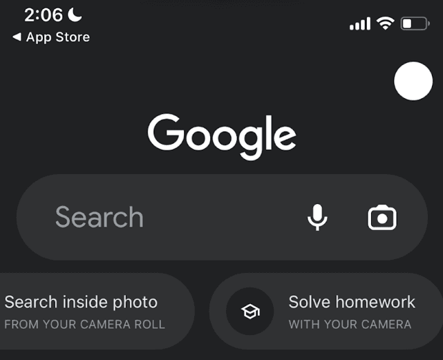 Close up of the Google search bar with the camera icon to upload an image