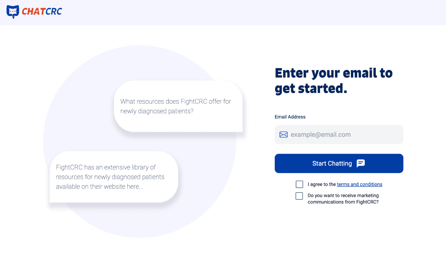 ChatCRC chatbot sign-up screen asking for an email to get started