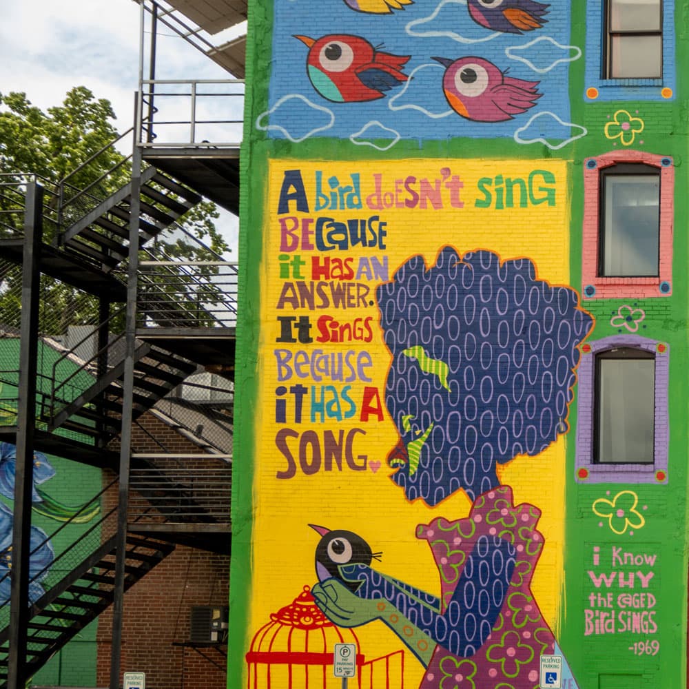 Colorful bird mural with a Maya Angelou quote in the Delmar Loop
