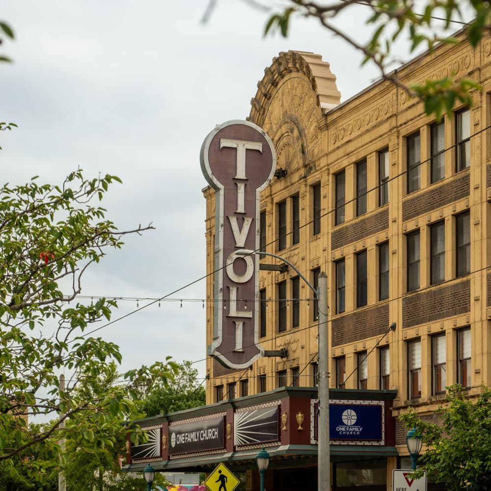 The historic Tivoli Theatre building on Delmar Boulevard