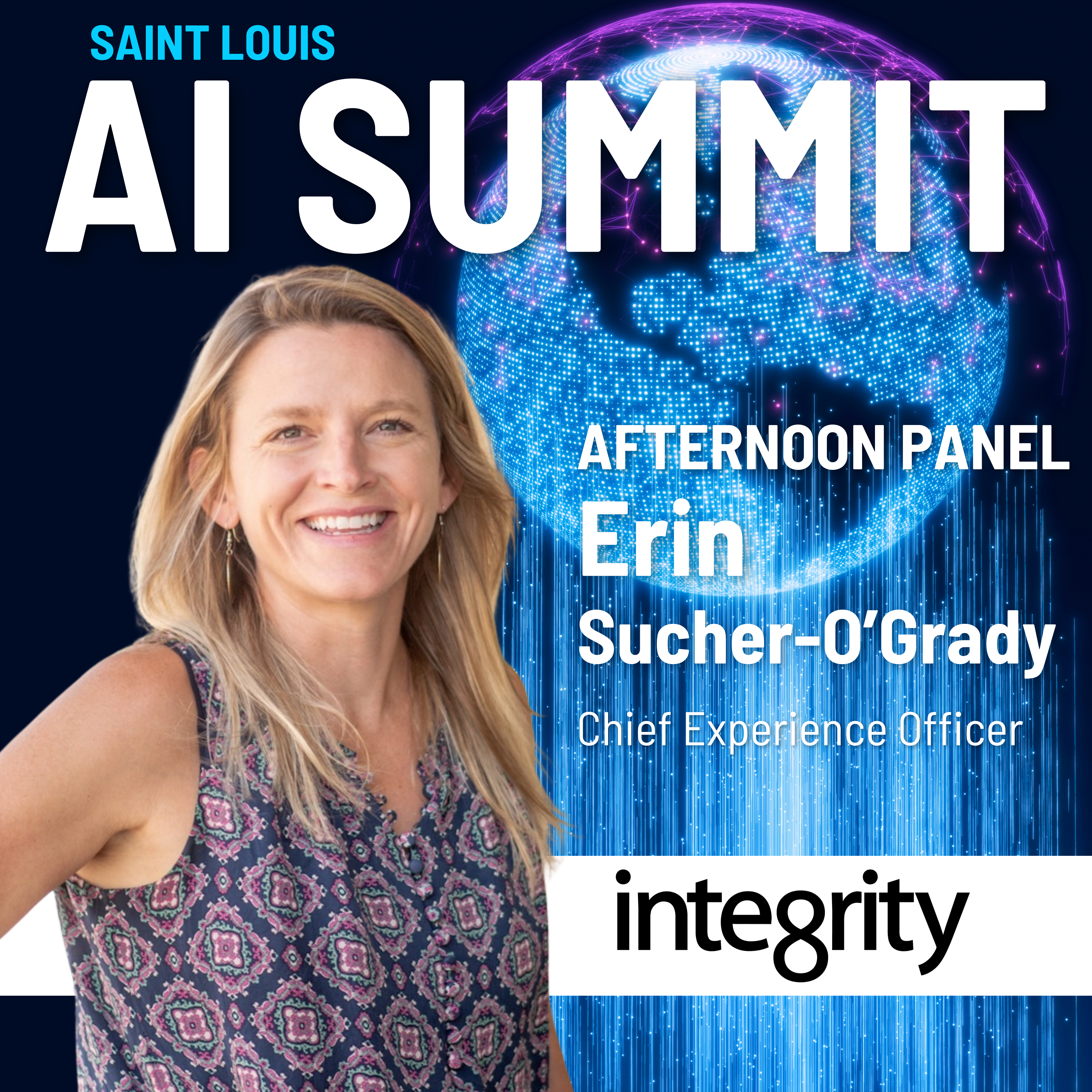 Saint Louis AI Summit afternoon panel graphic featuring Erin Sucher-O’Grady, Chief Experience Officer