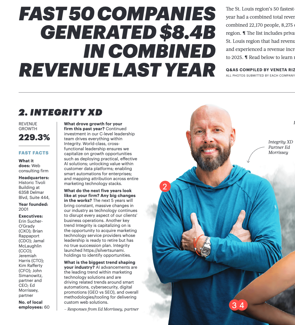 St. Louis Business Journal Fast 50 page featuring IntegrityXD at No. 2 with 229.3% revenue growth, with a photo of Ed Morrissey